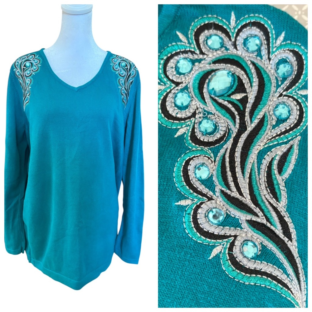 Medium Bob Mackie Teal Rhinestone Embellished V Neck Sweater Medium